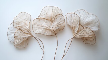 Delicate, light beige paper leaves arranged on a white background.