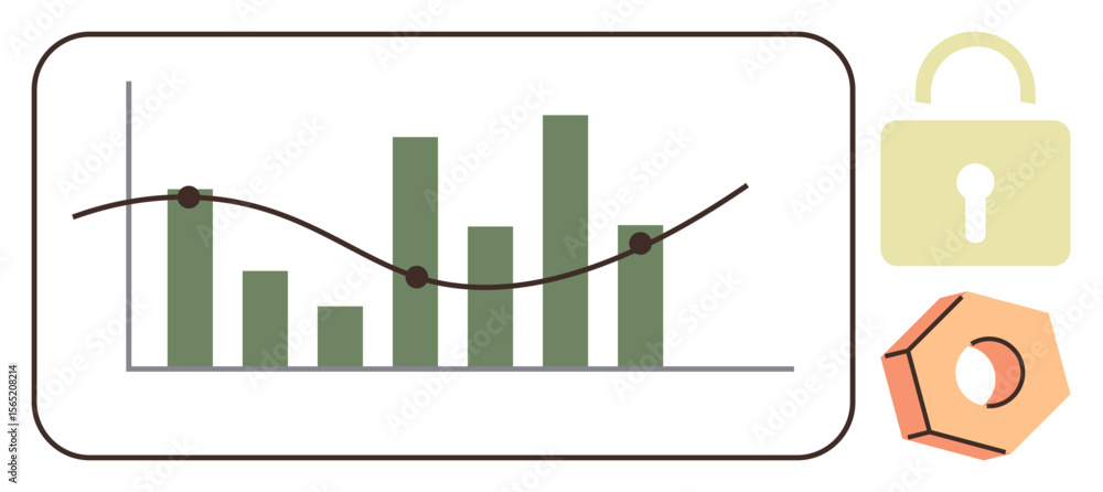 Aufkleber vertical bar chart with connected line graph, yellow lock, orange hexagonal nut. ideal for analytics