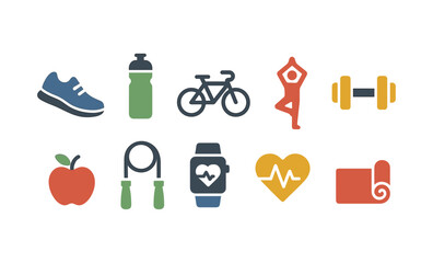 Colorful icons representing healthy summer lifestyle and fitness activities