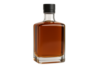 Square glass bottle with brown liquid isolated on transparent background