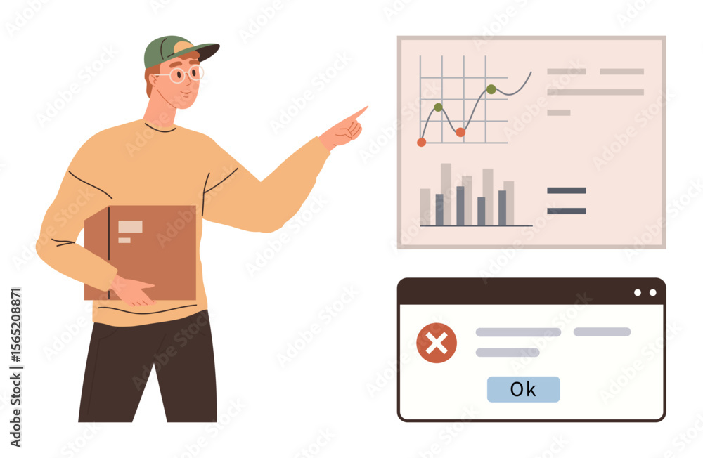 Poster man pointing at data charts with graphs and bar statistics while addressing popup error message. ide