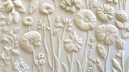 Detailed floral bas-relief design on a light beige surface.