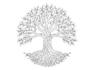 Black Trees and root with leaves silhouette for Tree of life concept or nature logo. Tree and roots LOGO out line style.