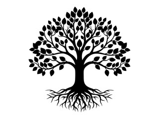 Black Trees and root with leaves silhouette for Tree of life concept or nature logo. Tree and roots LOGO style.