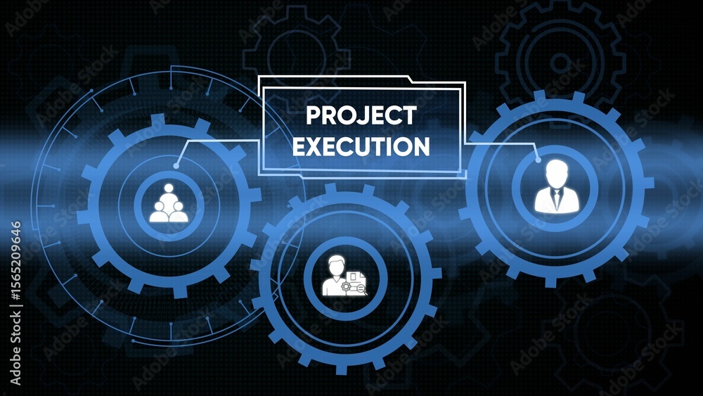 Poster project execution and teamwork concepts illustrated with interconnected gear icons in blue
