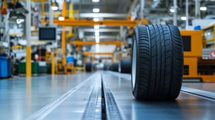Fototapeta premium Modern automotive plant, tire production line extending into background, clean environment