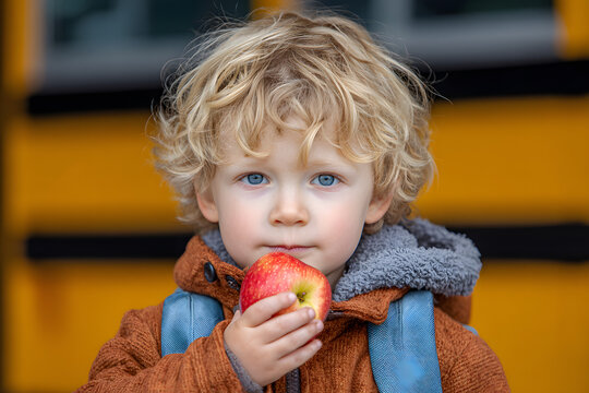 Caucasian boy student with backpack near yellow bus on first September day. Child kid eating apple fruit at school yard outdoors. Education and back to school in Autumn Fall. - Powered by Adobe