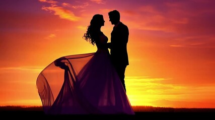 Silhouette of a couple dancing at sunset. The woman wears a flowing purple dress. The sky is vibrant with orange and purple hues. - Powered by Adobe