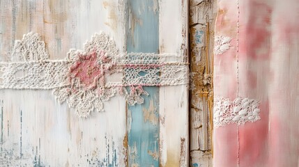Decorative lace trim on distressed painted wood and sheer fabric.