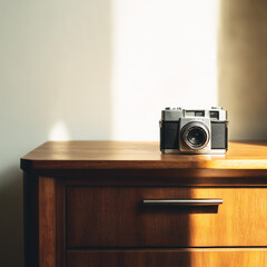 Vintage camera on wooden dresser – minimalist still life series with soft light and nostalgic charm. A tribute to analog photography and timeless aesthetics in everyday interiors.