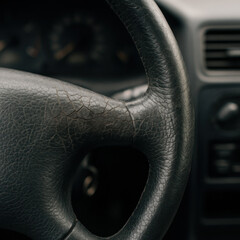 Cracked Leather Steering Wheel in Old Car Interior