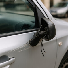 Naklejka premium Car Side Mirror Damage and Door Panel Scrape Close-Up