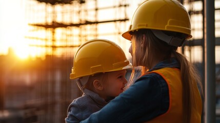 Mother and child wearing construction helmets, standing at a building site with scaffolding, bonding moment