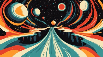 Psychedelic space landscape with planets and celestial bodies.