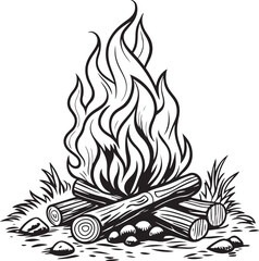Vector Campfire Illustration - Hand Drawn Bonfire with Firewood and Flames for Outdoor and Camping Designs
