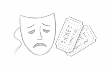 Minimalist Pencil Sketch of a Theater Mask and Tickets to the Play