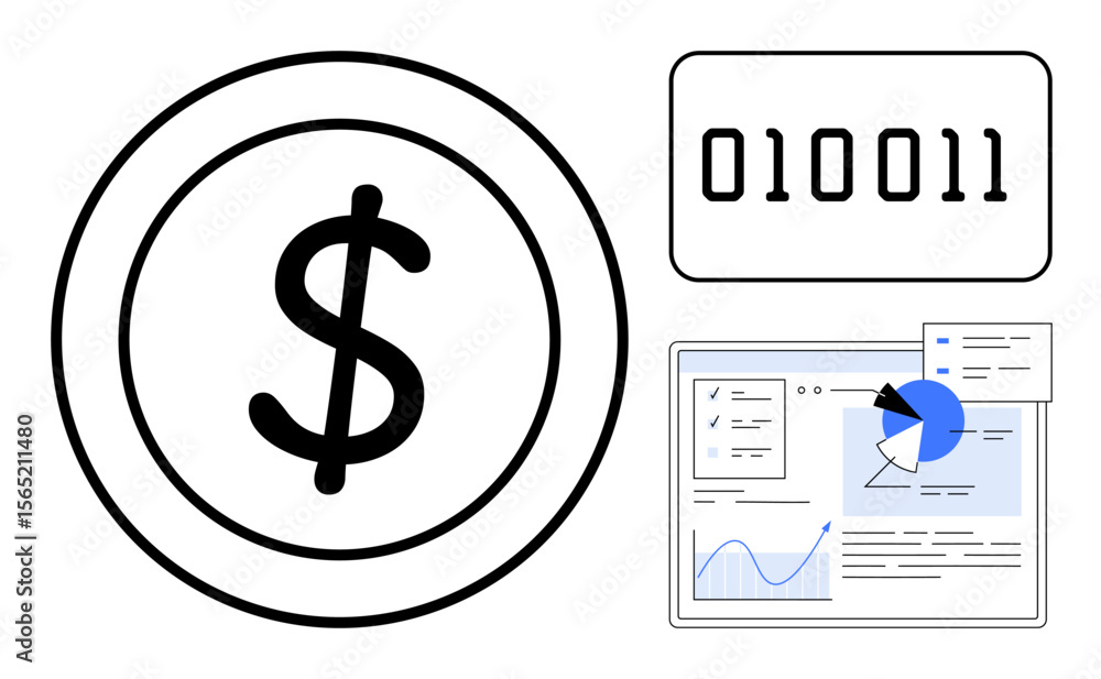 Poster coin symbol, binary code, and data dashboard with charts and graphs. ideal for finance, technology, 