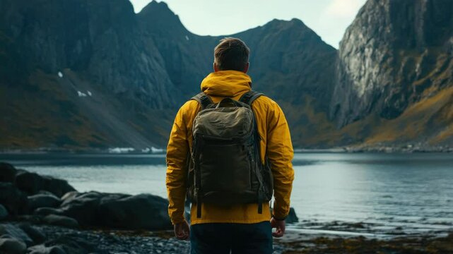Male hiker looking at a vast lake with mountains in the background. He is wearing a bright yellow rain jacket and carrying a backpack, suggesting he is embarking on an outdoor adventure.