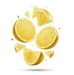Fototapeta premium Lemon slices in motion isolated on white background with juicy citrus pieces flying dynamically for food and drink design