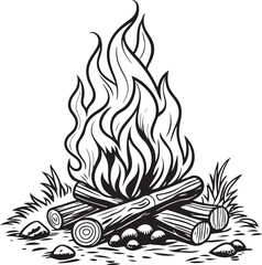 Vector Campfire Illustration - Hand Drawn Bonfire with Firewood and Flames for Outdoor and Camping Designs