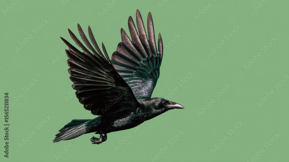 Aufkleber highcontrast side angle of a crow in flight wings rhythmically flapping against a smooth green backg