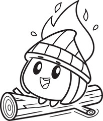 Cute Cartoon Fire Character Sitting on Log – Coloring Page Style Illustration for Kids and Stickers