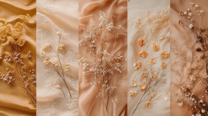 Dried flowers arranged on various shades of beige fabric.