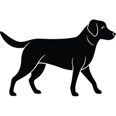 Black silhouette of a labrador retriever dog walking gracefully on a white background