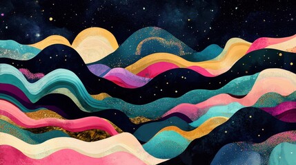 Abstract landscape of layered, colorful hills under a night sky.