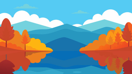 Autumn mountain landscape at sunrise with a fiery sky and a serene lake