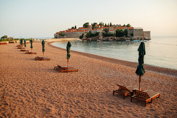 Empty Beach with Island Hotel at Sunrise