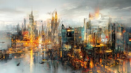 Futuristic city skyline at twilight.