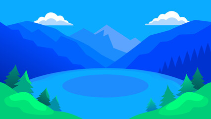 Mountain landscape panorama with snow-capped peaks, a serene lake, and a clear blue sky