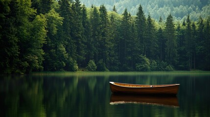 Serene Forest Lake with Lone Boat