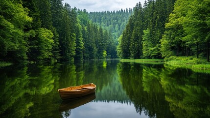 Serene Forest Lake with Lone Boat