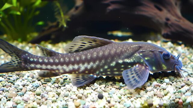 Suckermouth Catfish Resting on Gravel in a Freshwater Aquarium