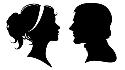 Vector set of male and female head silhouettes in profile. Clean black shapes of man and woman portraits, isolated on white background. Ideal for identity, avatar, and profile design use.