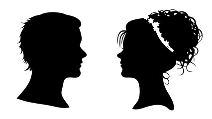Vector set of male and female head silhouettes in profile. Clean black shapes of man and woman portraits, isolated on white background. Ideal for identity, avatar, and profile design use.