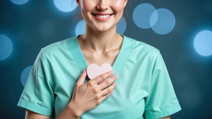Nurse holding heart symbol in teal uniform, health care compassion for International Nurses Day