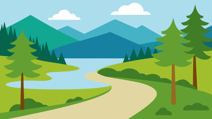 Mountain landscape with green trees, forest, and a clear blue sky, a vibrant nature view