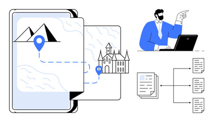 A tablet displaying a map with destinations, location pins on landmarks, a person at a laptop, and an organized document workflow. Ideal for travel, planning, strategy, technology, education