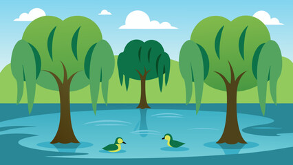 Naklejka premium Serene Lakeside Scene Ducks and Weeping Willows in a Tranquil Pond Illustration