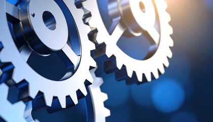 Close-up of interlocking metallic gears in motion with a blurred blue background, symbolizing technology