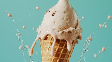 Melting ice cream cone with splashing water.