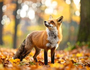 Obraz premium A vibrant red fox stands gracefully amidst a carpet of fallen autumn leaves in a blurred forest, looking intently upwards.