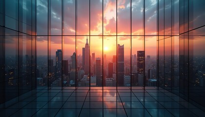 Fototapeta premium City skyline view from office window sunset