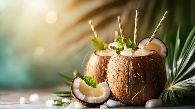 Two coconuts with a green leaf on top of them. One of the coconuts has a piece of it cut off
