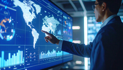 Global Data Analysis: A data analyst, in a modern tech hub, meticulously examines a complex global map visualization displayed across a large screen.