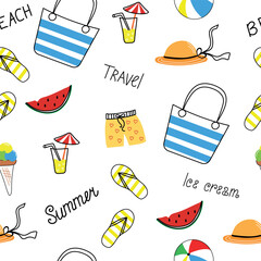 Summer beach seamless pattern with cartoon different beach elements: ball, cocktail, watermelon, pineapple, ice cream. Summer beach party concept. Template for wrapping paper, and children's textiles.