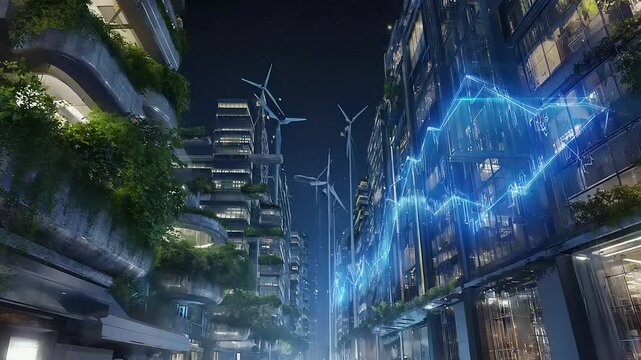 Futuristic city street view, windmills, glowing lines, & verdant buildings - Powered by Adobe